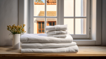 Fototapeta na wymiar White towels folded and stacked by a window. 