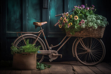 Still life of vintage style bicycle and flowers.