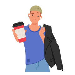 Teenage Boy Confidently Strikes A Casual Pose, Holding A Coffee Cup And Blazer, Exuding Youthful Charm, Vector - obrazy, fototapety, plakaty