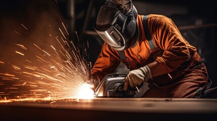 A worker grinds the part with an angle grinder