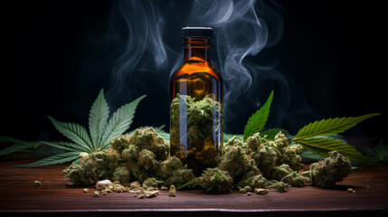 Cannabis oil and Marijuana plant on a dark background