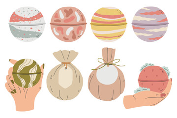 Set Bath Bomb in hand drawn style. Handmade Spa Soap Cosmetic Collection vector illustration