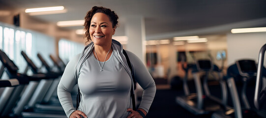 panoramic portrait of a pretty overweight woman in the gym - obrazy, fototapety, plakaty