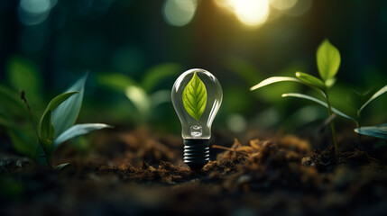 Saving energy and environment.  Tree growth in light bulb for saving Ecology energy nature. Eco and Technology concept - obrazy, fototapety, plakaty