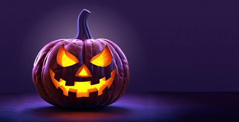 Shining Halloween pumpkin on purple background, banner with free space for text