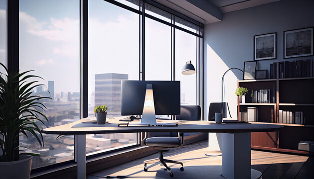 Office workplace with panoramic city view and daylight, Ai generated image
