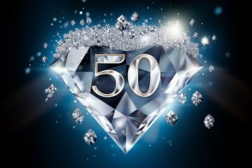 Brilliant anniversary poster with diamond or gem stone and 50 number - obrazy, fototapety, plakaty