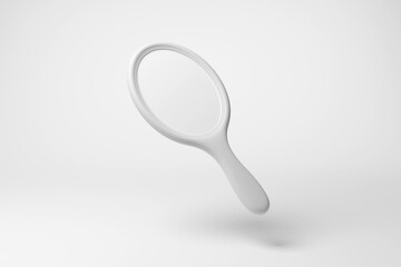 White hand mirror floating in mid air on white background in monochrome and minimalism. Illustration of the concept of personal grooming and makeup application
