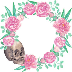 An isolated wreath consisting of a skull, blossoming pink peonies and their buds, emerald peony leaves and eucalyptus painted in watercolor on a white background