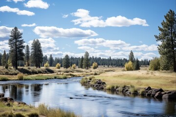 Adventure in Sunriver Oregon: Daytime View of Deschutes River with Evergreens, Bushes and Brook in the Foreground under Blue Skies and Clouds - obrazy, fototapety, plakaty