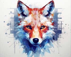 Red Geometric Fox Design with Abstract Grunge Decoration on White Background for Holiday Flag or Decoration in Blue Hues