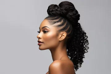 Foto op Plexiglas Generative Ai illustration of young woman model mixed race demonstrating luxury hairstyle © deagreez