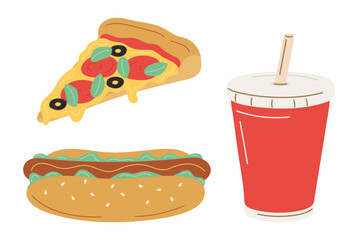 Fast food cartoon vector icon set. Pizza, hot dog, cola. Fast street food lunch or breakfast meal set.
