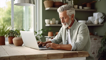 Fototapeta na wymiar Un hombre mayor de negocios con gafas trabaja en una computadora portátil desde la oficina en casa. Freelance de edad avanzada se sienta en la mesa de la sala de estar. Ia generado.