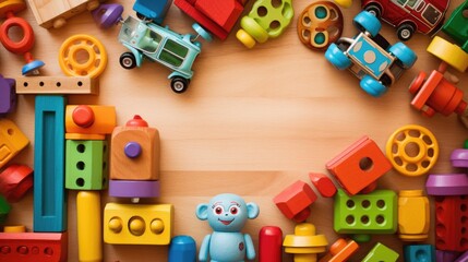 Baby kids toys frame on background, Toy many colorful educational wooden. play, Top view, executive function, kid, skill, education, intelligence quotient, emotional quotient, childhood, development.