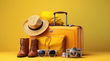baggage travel. yellow suitcase with travel accessories such as sunglasses, hat and camera on light blue background.