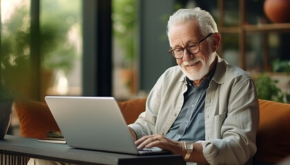 Un hombre mayor de negocios con gafas trabaja en una computadora portátil desde la oficina en casa.
Freelance de edad avanzada se sienta en la mesa de la sala de estar. Ia generado. - obrazy, fototapety, plakaty