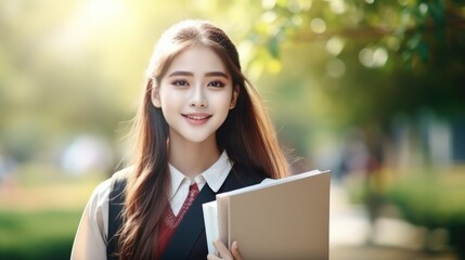 Beautiful student asian woman with backpack and books outdoor. Smile girl happy carrying a lot of book in college campus. Portrait female on international Asia University. Education, study, school