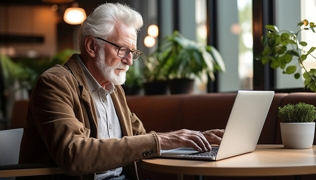 Un hombre mayor de negocios con gafas trabaja en una computadora port&aacute;til desde la oficina en casa.
Freelance de edad avanzada se sienta en la mesa de la sala de estar. Ia generado.