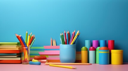 Fototapeta premium Vibrant back to school background with colorful pencils, books, and stationery arranged in a creative composition, school, education, creativity, stationery