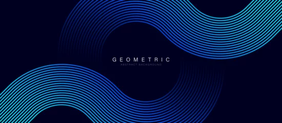 Tapeten Abstract blue glowing geometric lines on dark background. Geometric stripe line art design. Modern shiny blue gradient lines. Futuristic concept. Suit for poster, cover, banner, presentation, website © MooJook