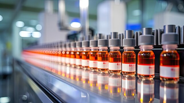 Medical vials on production line at pharmaceutical factory, Pharmaceutical machine working pharmaceutical glass bottles production line, health care, pandemic