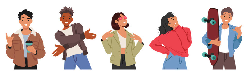 Teenager Boys and Girls Characters Posing, Expressing Emotions And Style Through Various Stances, Gestures