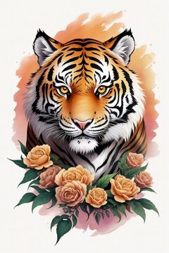 	
A detailed illustration of vintage tiger head, flowers splash, print, t-shirt design.	
