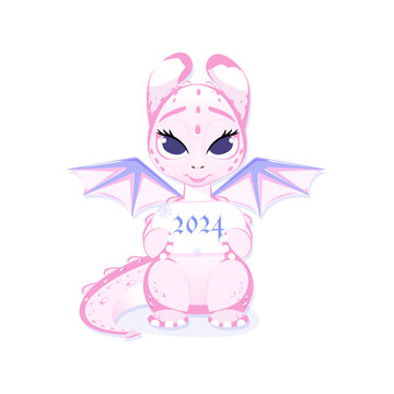 Pink baby dragon alone on white background. Vector cartoon illustration for new year. 