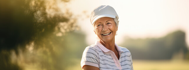 Portrait of a happy smiling senior woman on a golf course