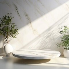 Marble product presentation background with sunlight and plants