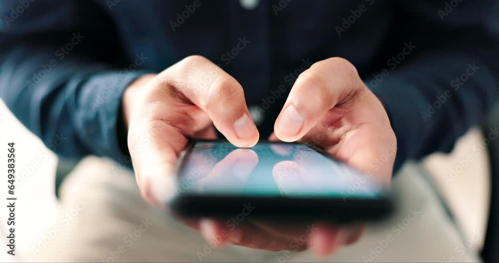 Aufkleber phone, hands and typing online for communication, networking and search on a website. closeup of bus