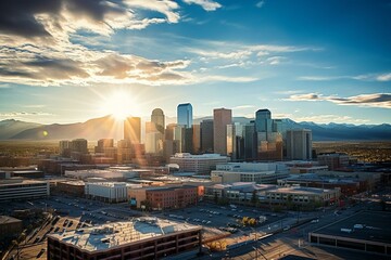 Aerial view of downtown Denver, Colorado skyline. Generative AI - obrazy, fototapety, plakaty