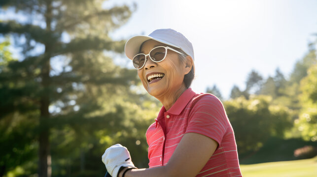 Portrait of a happy smiling senior woman on a golf course