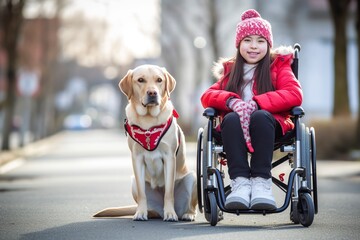 A care dog accompanies a girl in a wheelchair.