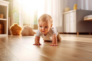 Adorable and delicate 6-month-old baby crawls curiously on the floor of his house. - obrazy, fototapety, plakaty