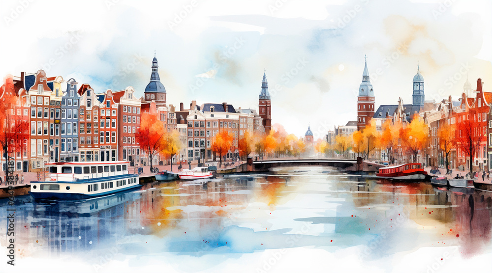 Wall mural Watercolor cityscape of the city of Amsterdam, capital of the Netherlands (Europe), on the banks of the Amstel river