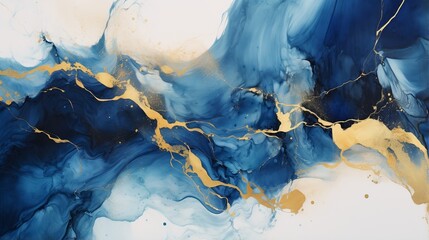 Luxurious marbled ink painting texture in gold and navy blue. It depicts dark blue and gold waves with splashes of gold paint.
