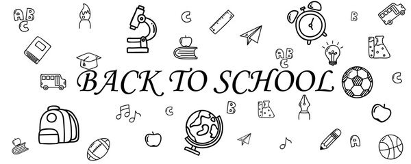 Vector illustrations on the theme Let's go back to school. White board background with black line stationery icons. School, office supply. Vector graphics eps10