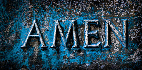 Prayer Sculpture with Word Amen end of Praying Blue Chipped Paint - obrazy, fototapety, plakaty