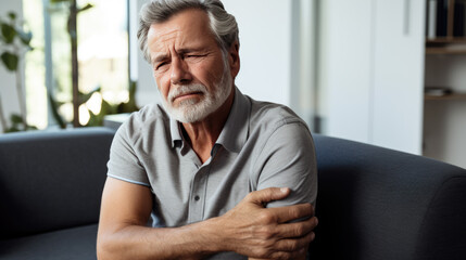 Fototapeta premium Man with shoulder and hand pain sits on the couch at home