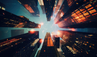 Kaleidoscopic view of skyscrapers, blending urban architecture with artistic flair - obrazy, fototapety, plakaty