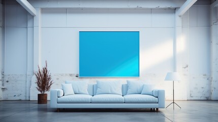 canvas against a white wall and blue couch, in the style of quiet.
