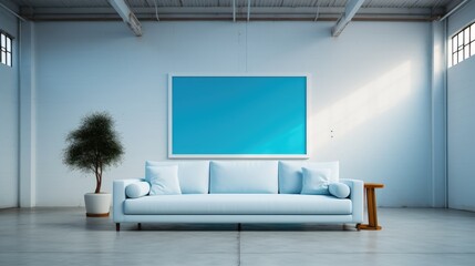 canvas against a white wall and blue couch, in the style of quiet.