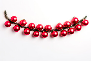Christmas composition. Garland made of red balls and fir tree branches on white background. Christmas, winter, new year concept.