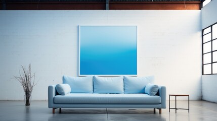 canvas against a white wall and blue couch, in the style of quiet.