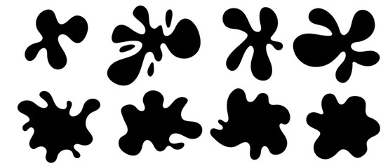 Random shape set. Big collection of organic black amoeba blobs. Abstract fluid splashes, irregular bubble silhouettes. Vector simple illustration