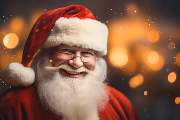 Portrait of attractive smiling white-haired Santa with blurred lights and bokeh in background - obrazy, fototapety, plakaty