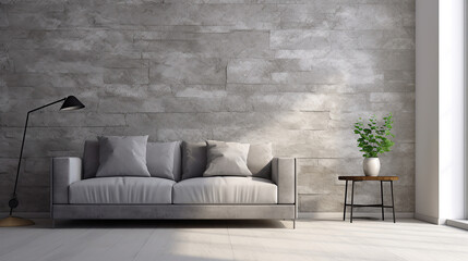 Grey sofa against window near white wall with stone texture poster. Minimalist interior design of modern living room.