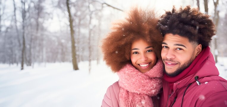 a couple of AfricanAmerican lovers embracing each other in the snow,